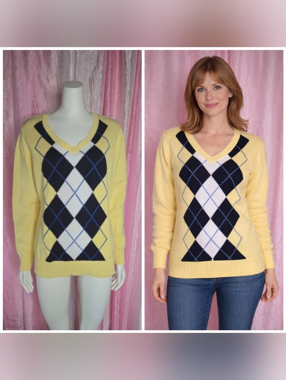 Liz Claiborne Yellow Argyle Preppy Academy Cotton Knit Sweater Size Large